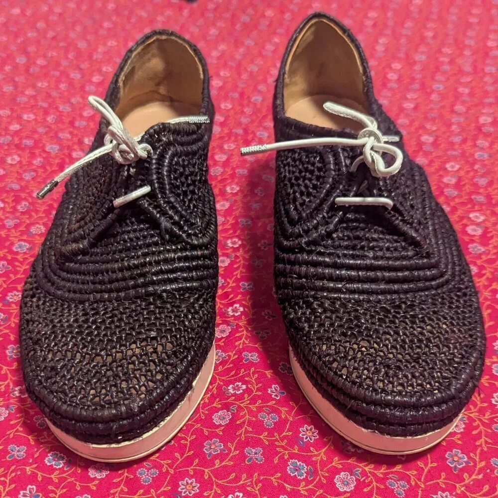 Robert Clergerie Lisa Platform Raffia‎ Shoe Black Sneaker Derby Size 37.5 Boho
